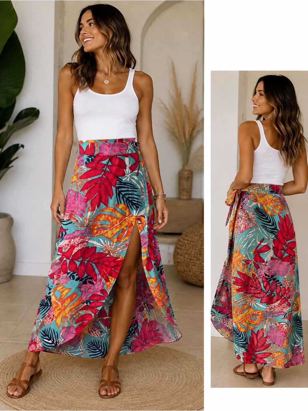 Tropical Floral Wrap Maxi Skirt Colorful Boho Resort Vacation Beach Sarong Small